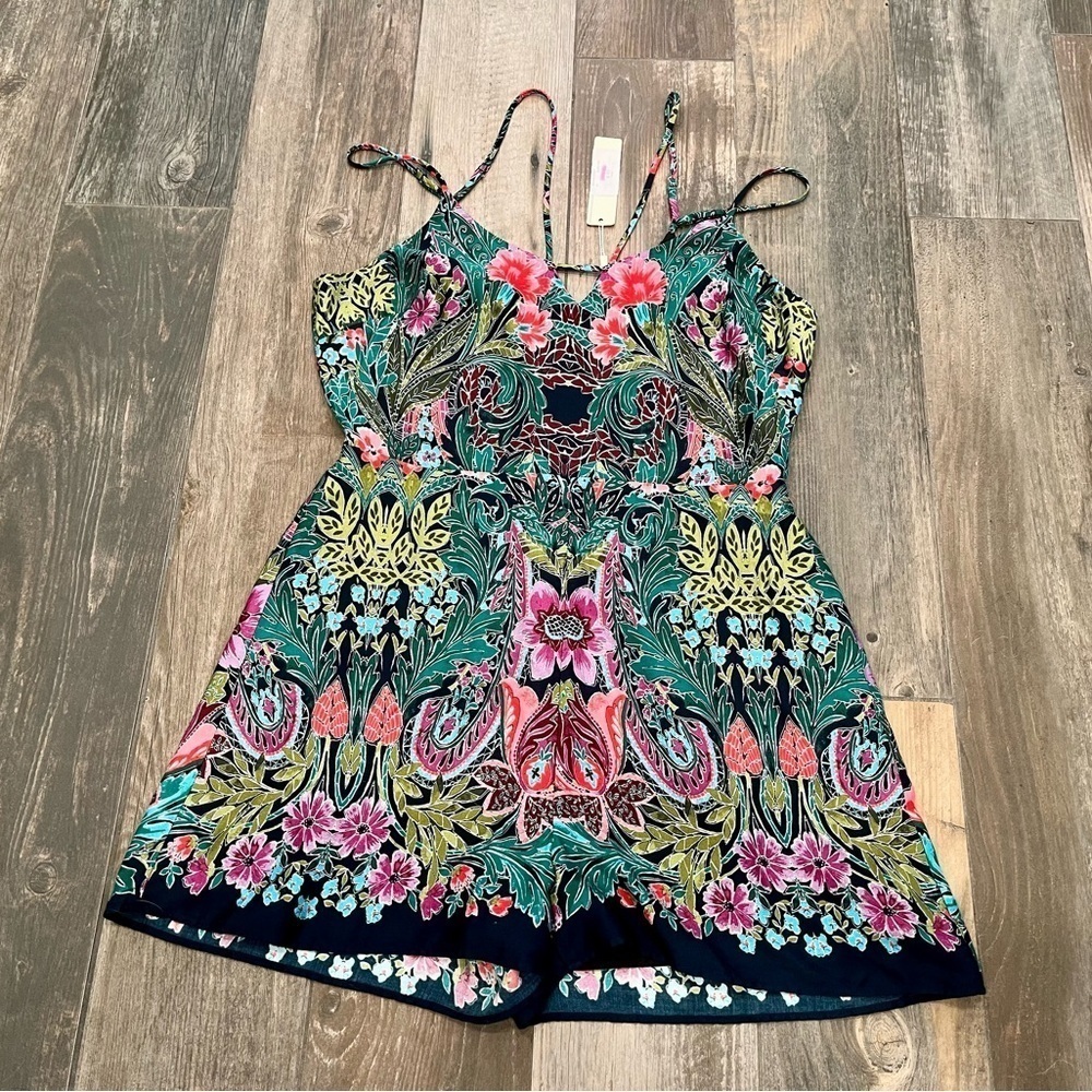 Lavender Brown Boho Strappy Romper Colorful Multicolor Floral Medium NWT $196